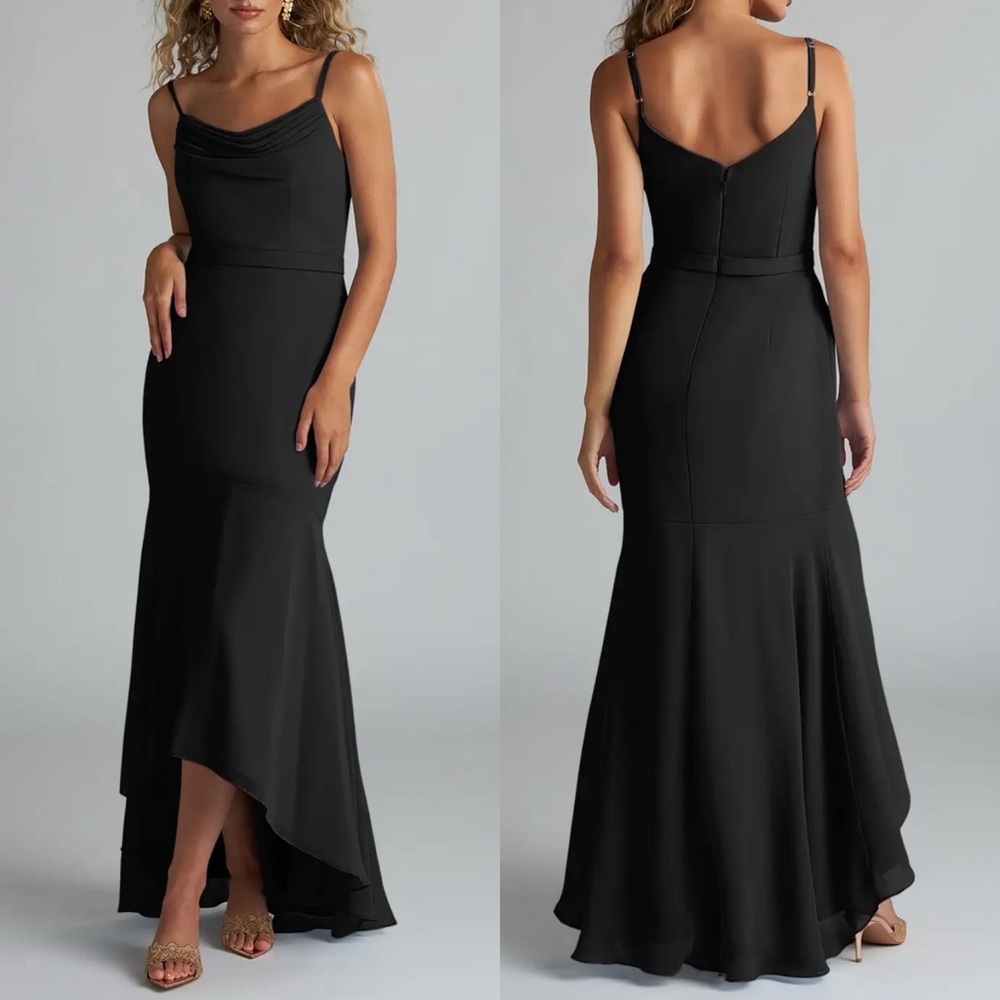 Azazie Summer Black Mermaid Scoop Cowl Chiffon Dress 0 Bridesmaid Formal HOCO